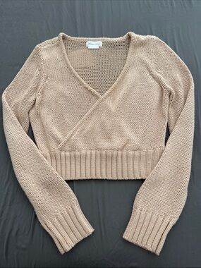 Lovers + Friends Beige V-Neck Wrap Crop Sweater